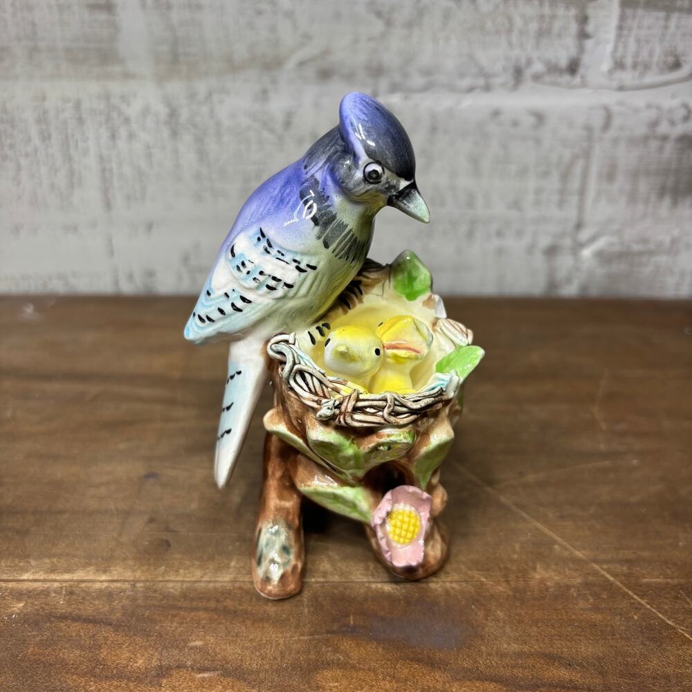Vintage Porcelain Blue Jay Family Figurine